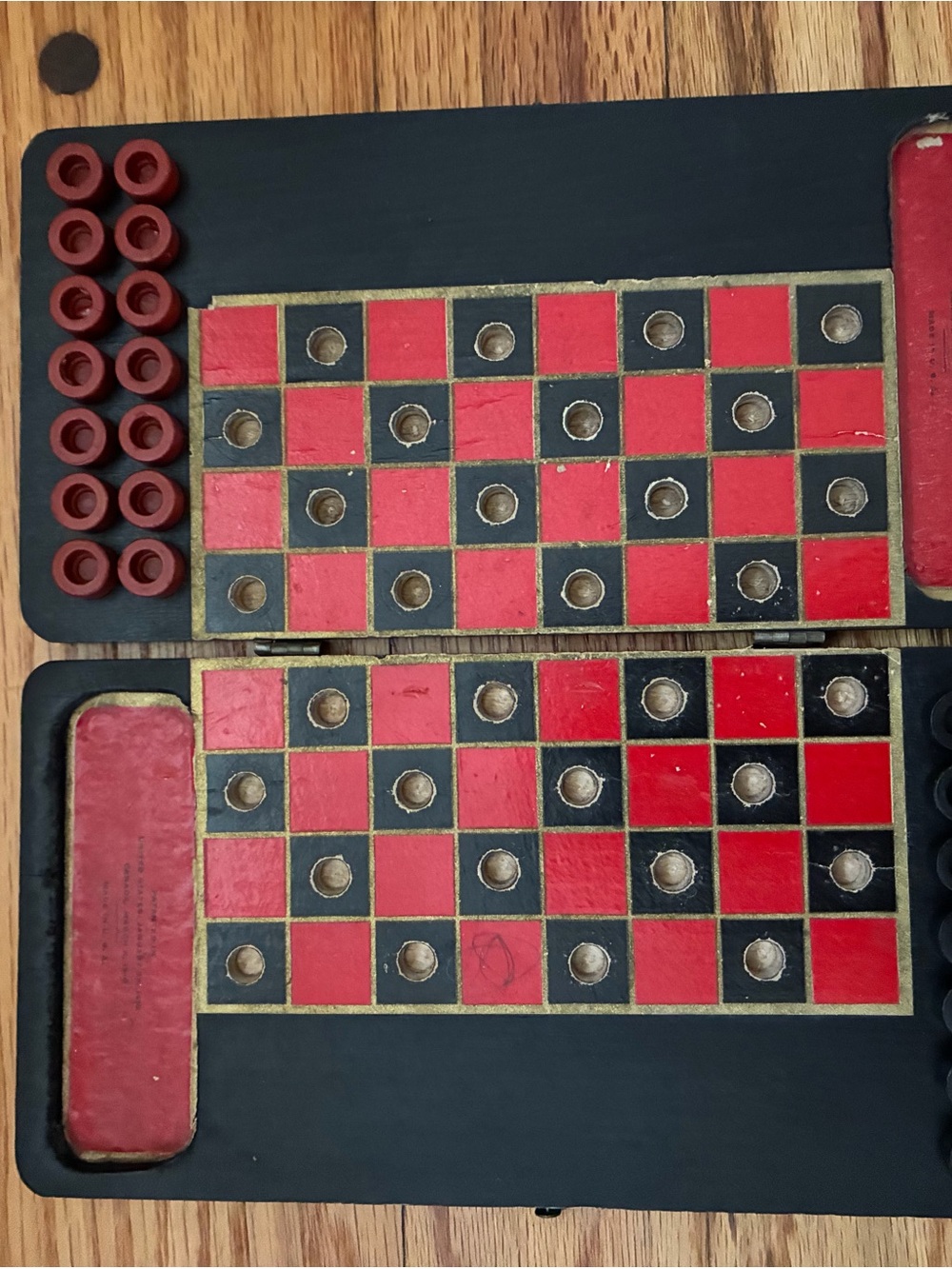 Antique 1910 Patented Folding Travel Checkers Game Wood Peg Board Complete Read